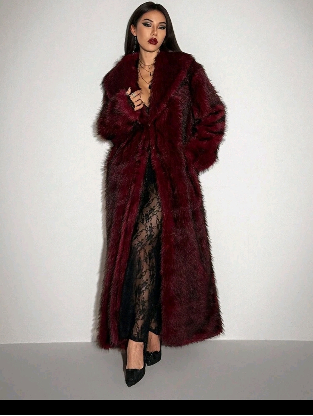 Y2k Women'sBurgundy Gothic Party Fashionable Long Faux Fur - Picture 4 of 7
